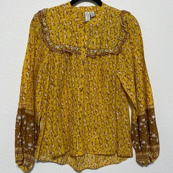 Joie NWT Yellow & Brown Floral 100% Cotton Ruffled Peasant Cottage Core Top S/P - Picture 3 of 7